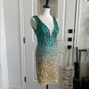 Jovani Stone and Sequin Low Back Ombre Cocktail Dress